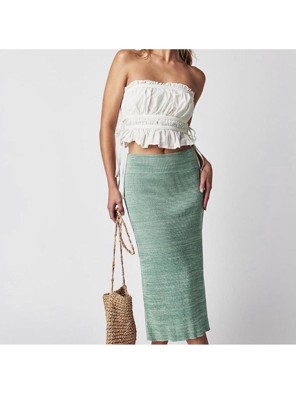 Free People Golden Hour Midi Skirt Green Pull On with Side Slit Size Large